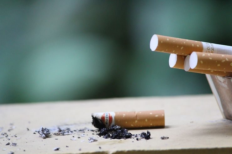 Cigarro apagado com cinzas ao lado de cigarros inteiros