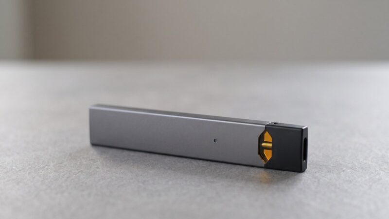 Cigarro eletrônico do tipo pod, cinza, sobre uma mesa
