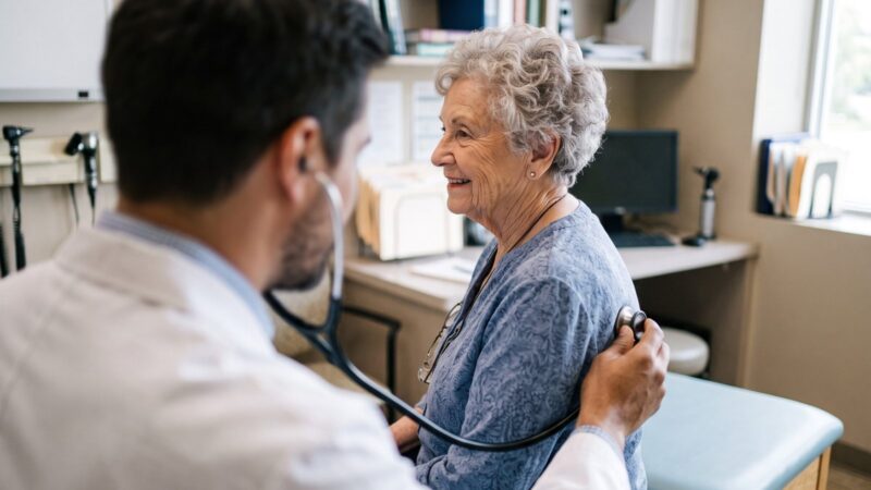Médico auscultando as costas de uma senhora sorridente, sentada no consultório