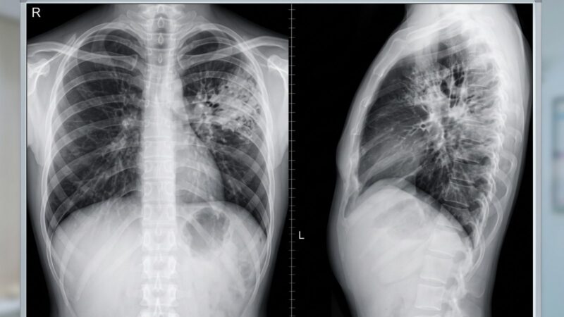 Radiografia de tórax, de frente e de perfil, em um painel de visualização
