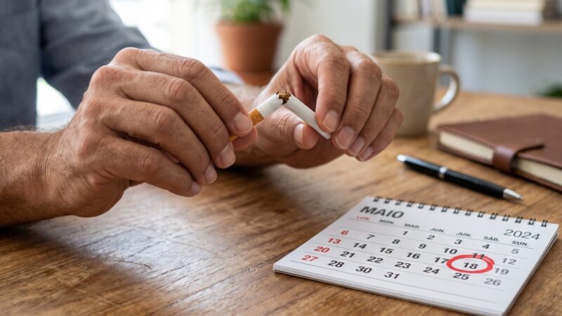 Homem partindo um cigarro ao meio. Calendário com a data escolhida para parar de fumar marcada em destaque.