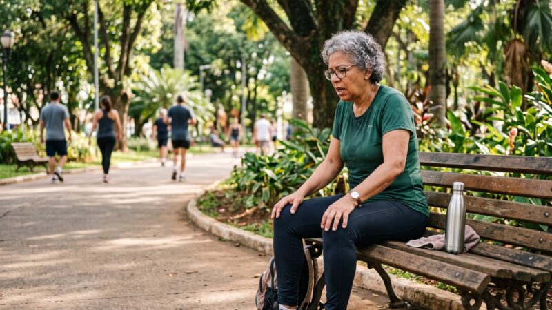 Mulher adulta sentada em um banco de praça fazendo uma pausa para recuperar o fôlego após uma caminhada